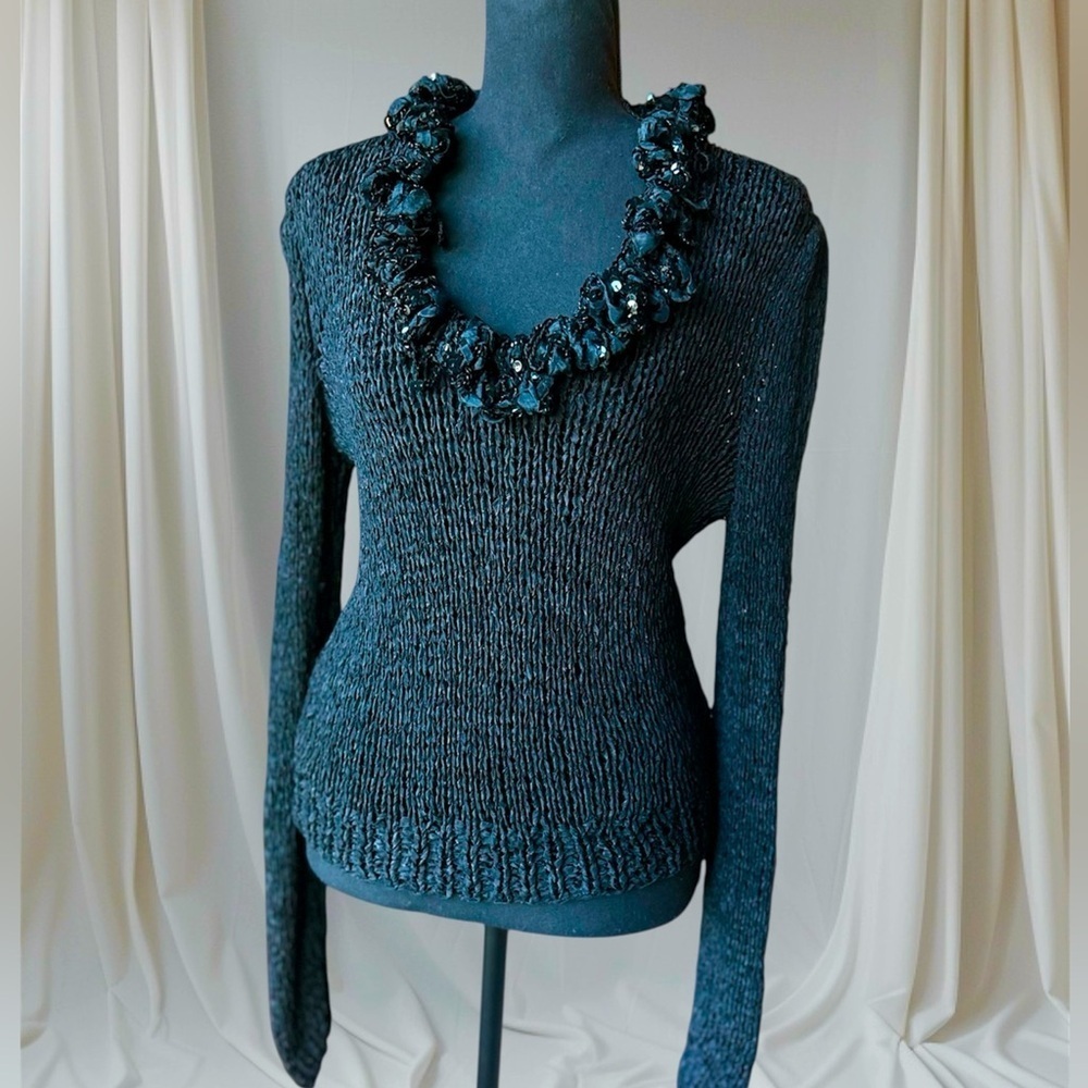 Vintage 80s Designer Lorna Adams Ribbon Knit Black V Neck Sweater Sequins Large